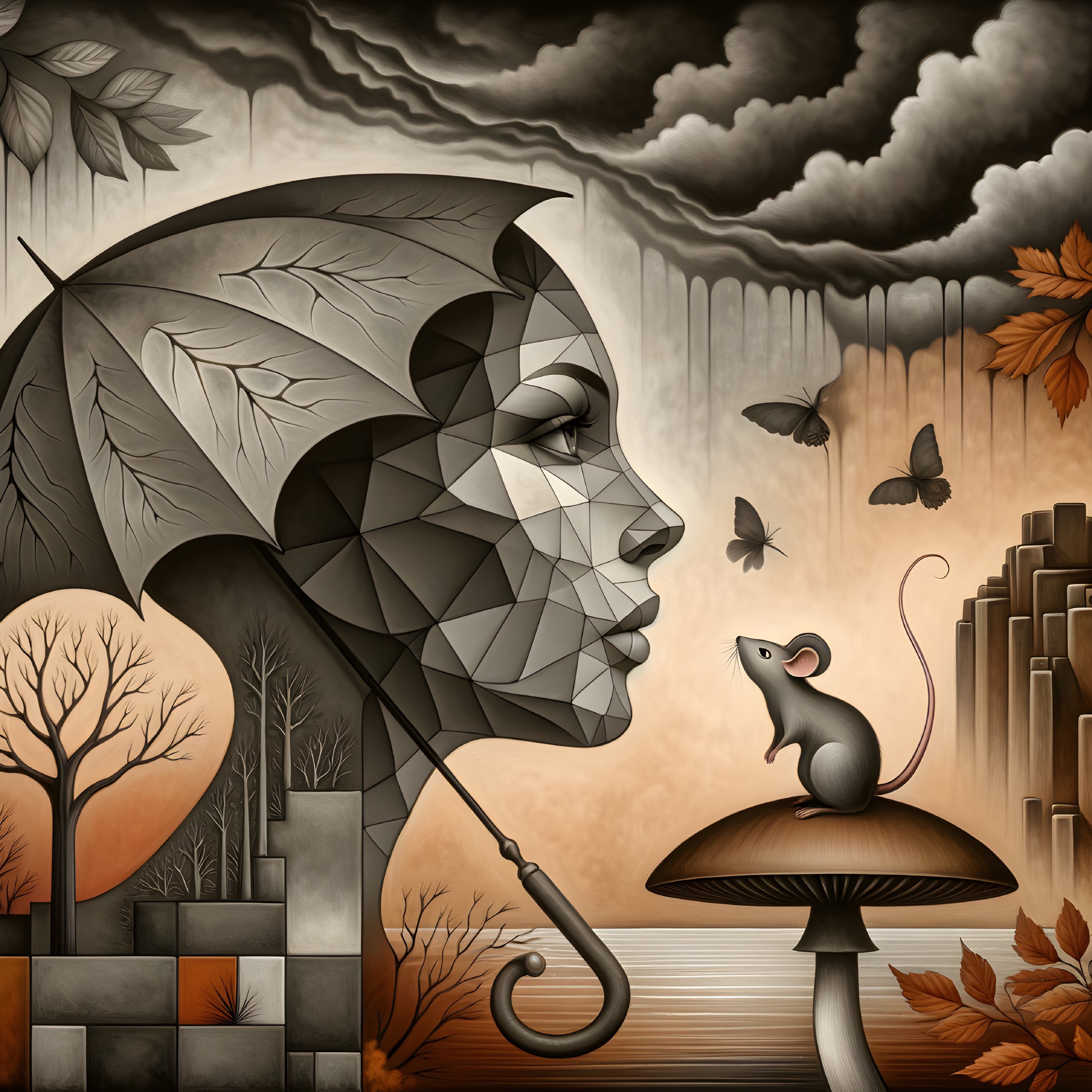 Geometric Woman's Face with Umbrella and Nature Elements