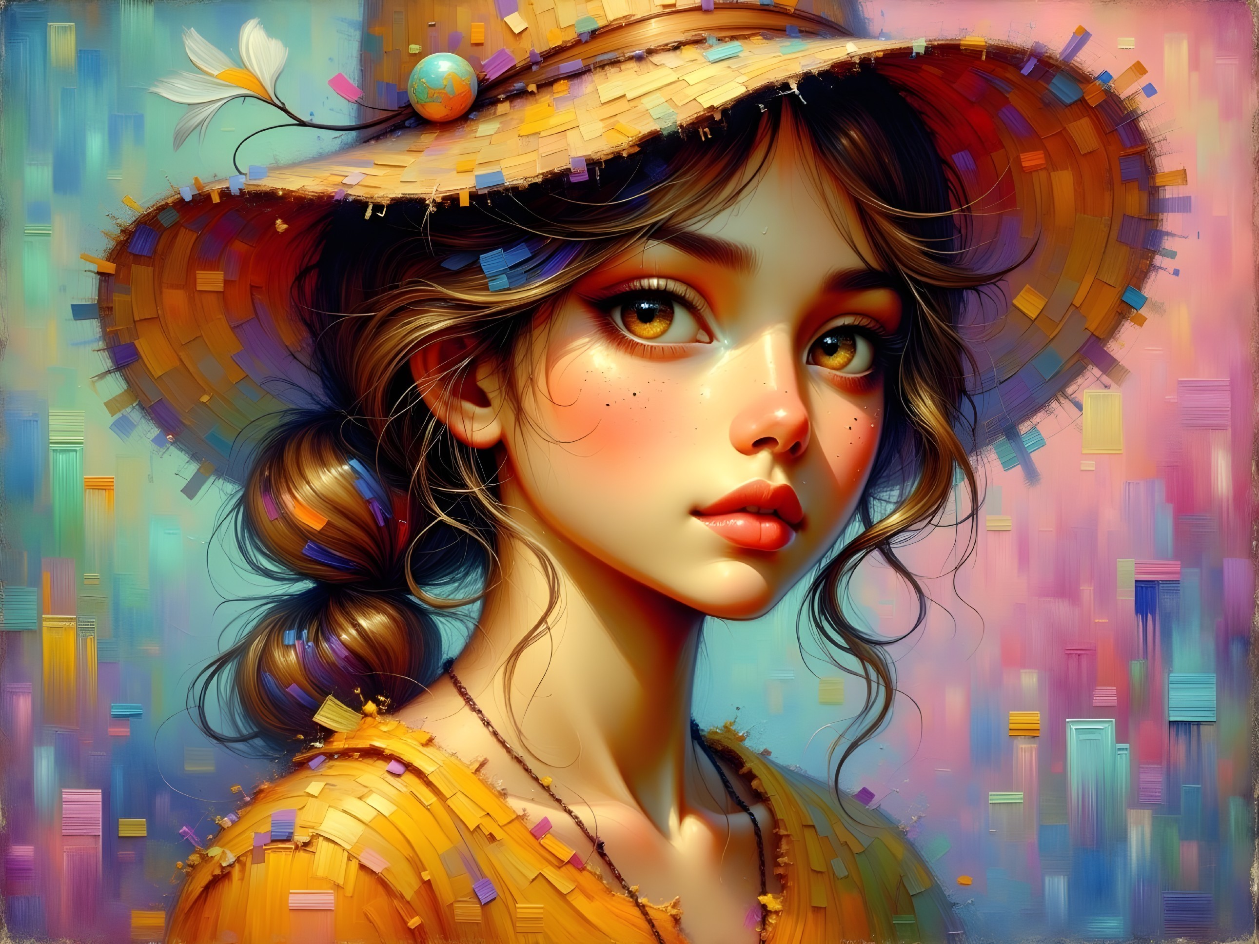Young girl in straw hat with vibrant abstract background