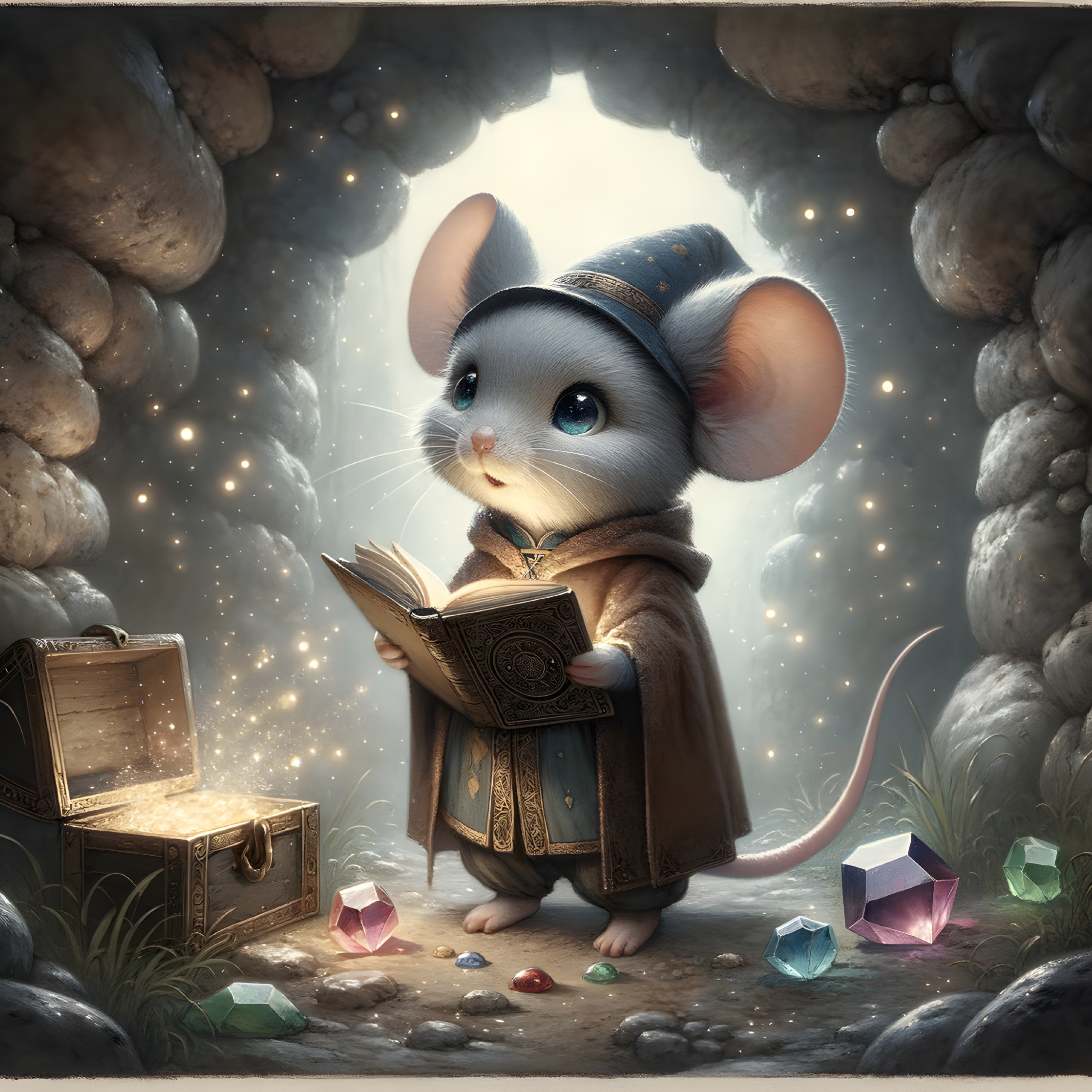 Whimsical Mouse Wizard at Mystical Cave Entrance