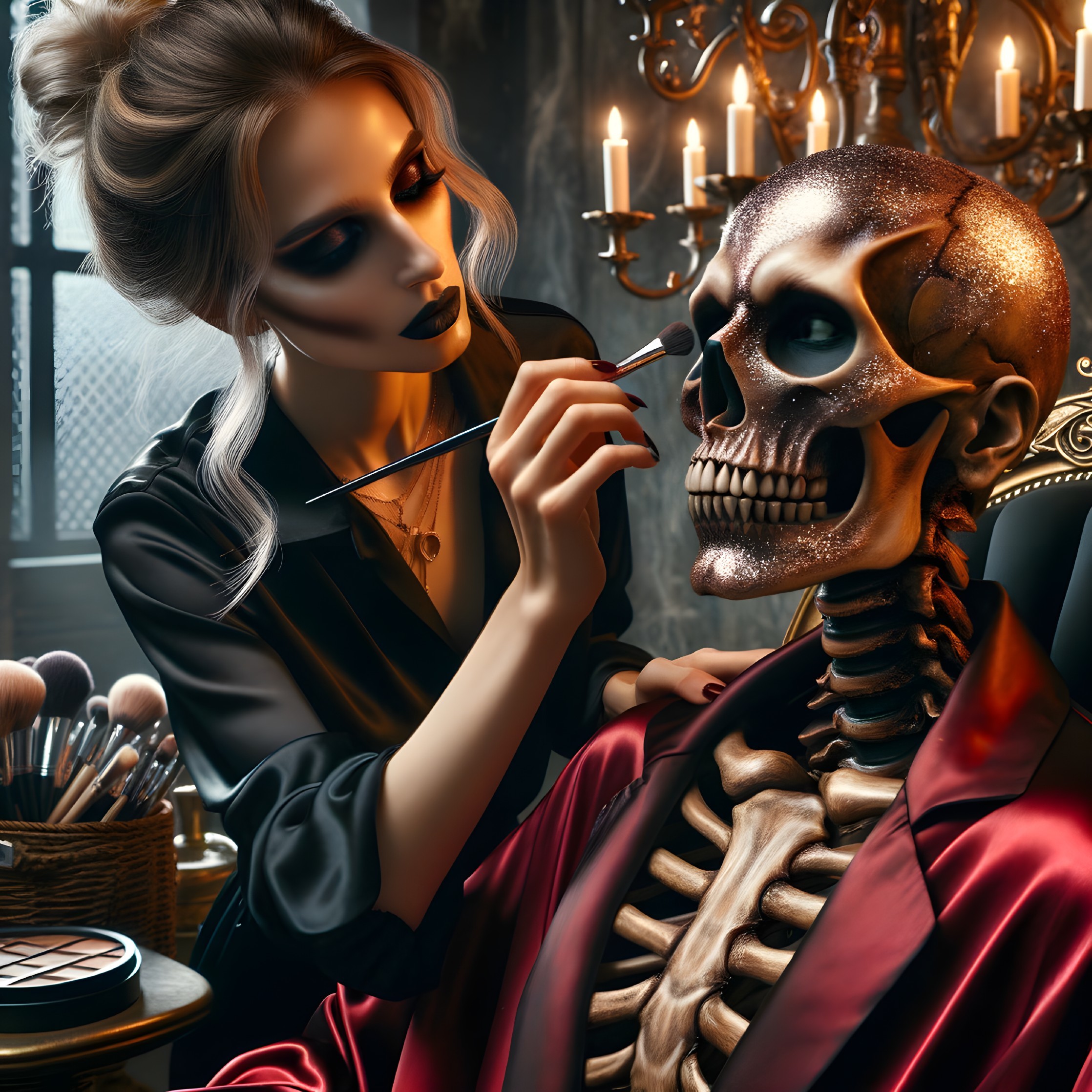 Gothic Scene of Makeup Application on a Skeleton