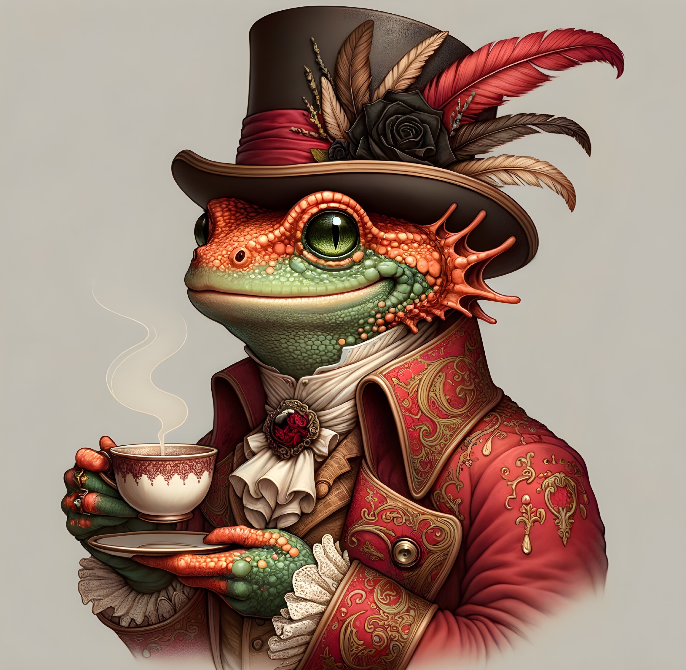 Victorian Frog in Top Hat with Teacup Oil Painting