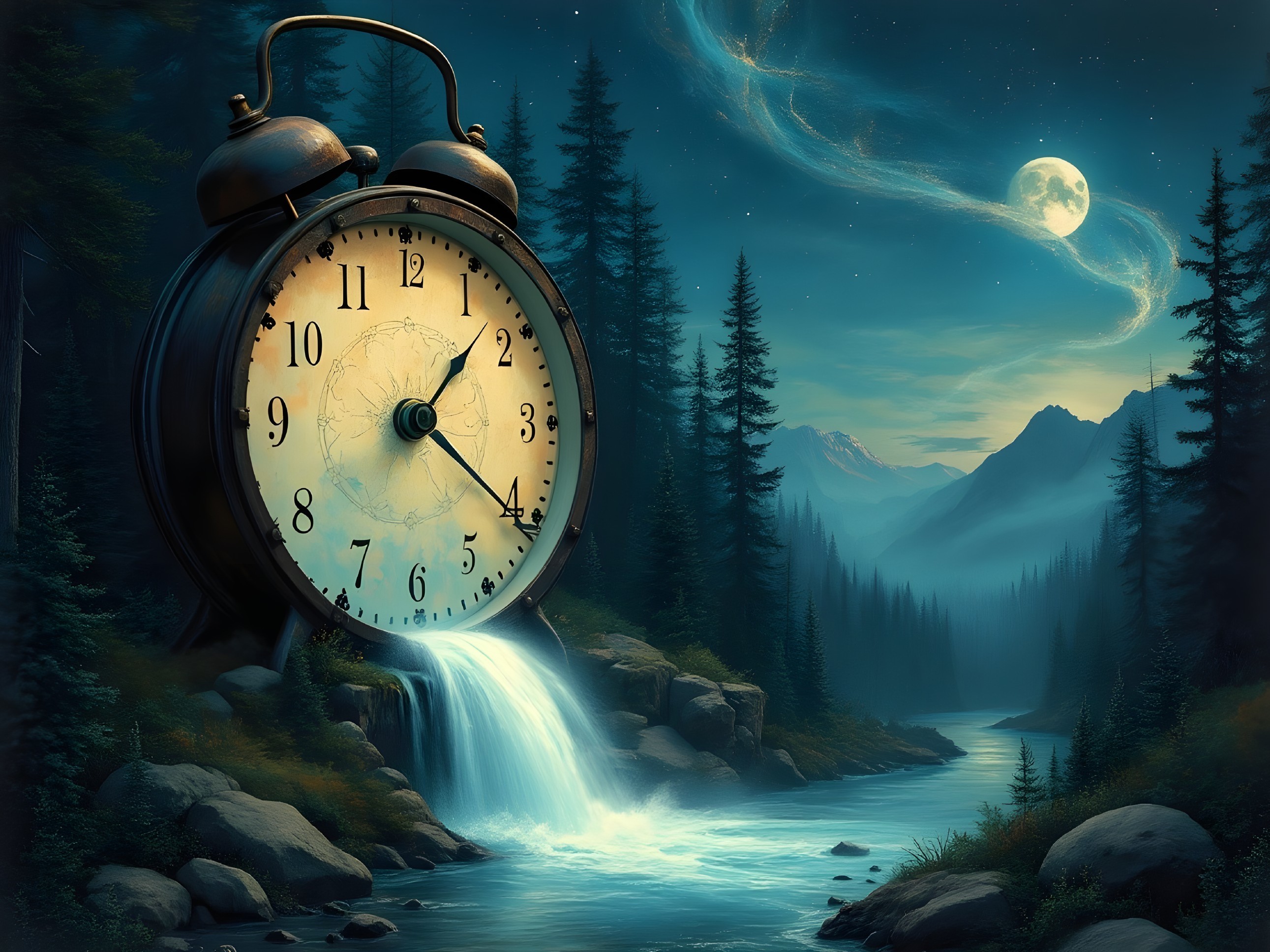 Surreal Landscape with Vintage Clock and Tranquil River