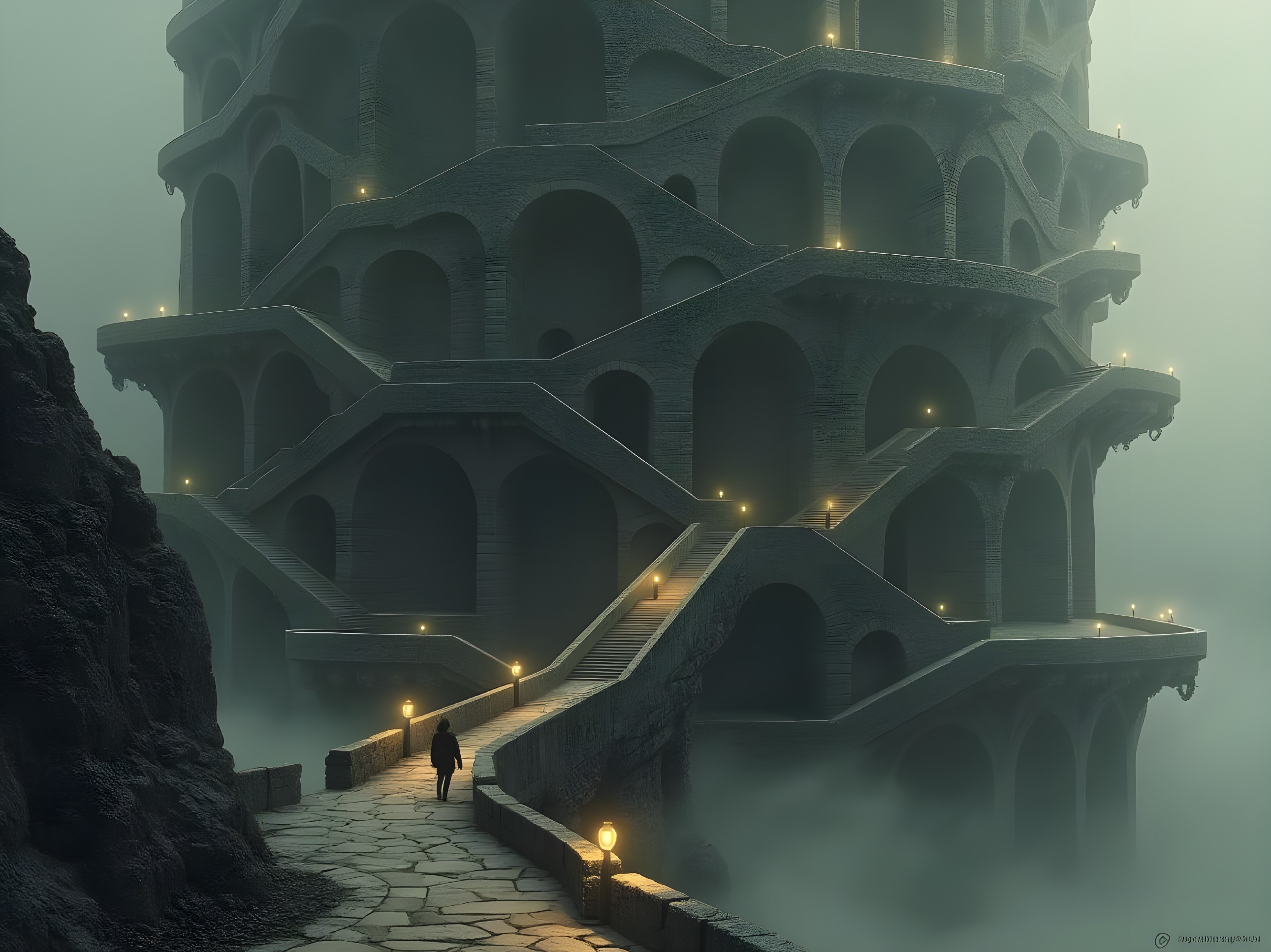 Lone Figure Approaches Grand Tower in Misty Landscape
