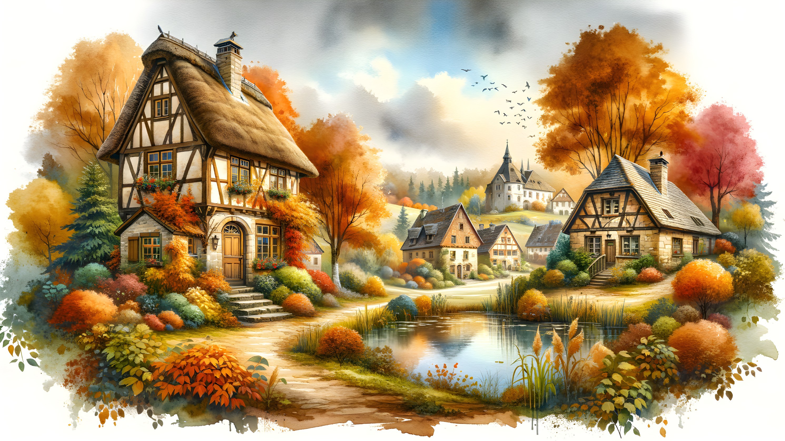 Charming Village Scene with Autumn Landscape and Pond
