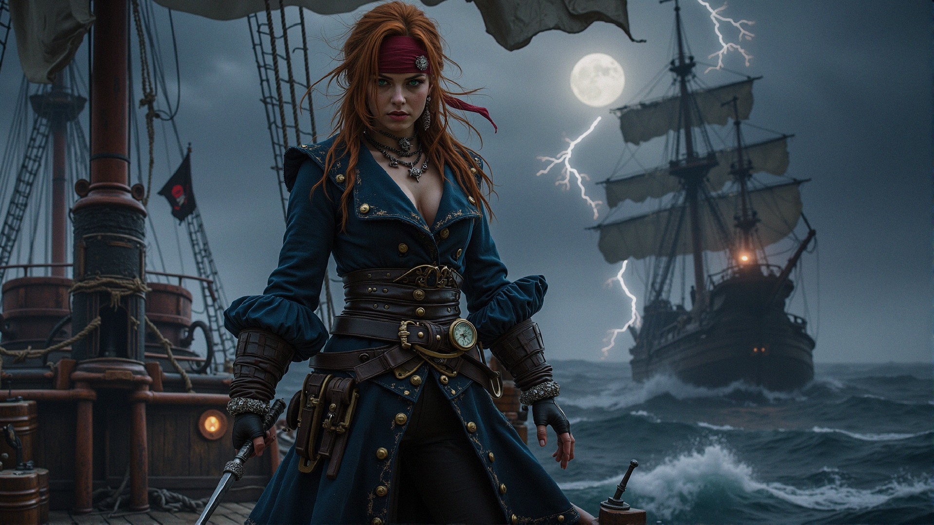 Hyperrealistic portrait of a fierce female pirate