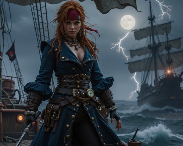 Hyperrealistic portrait of a fierce female pirate