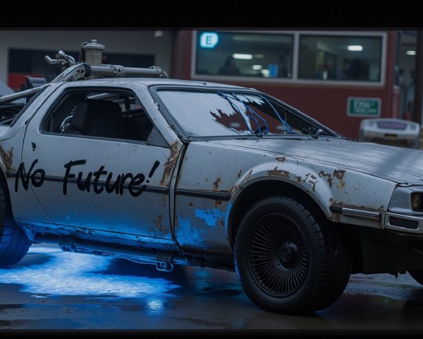 Rusty DeLorean with "No Future!" and glowing lights