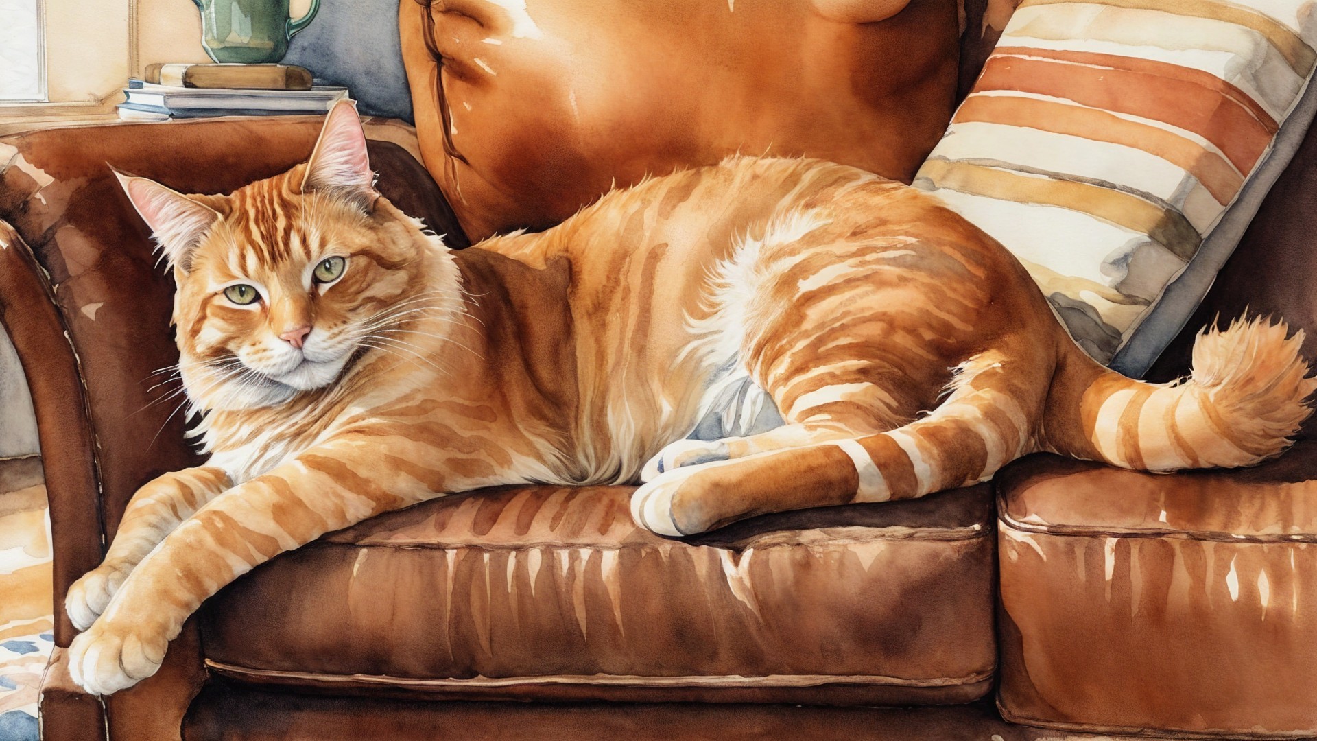 Watercolor Painting of a Relaxed Orange Tabby Cat