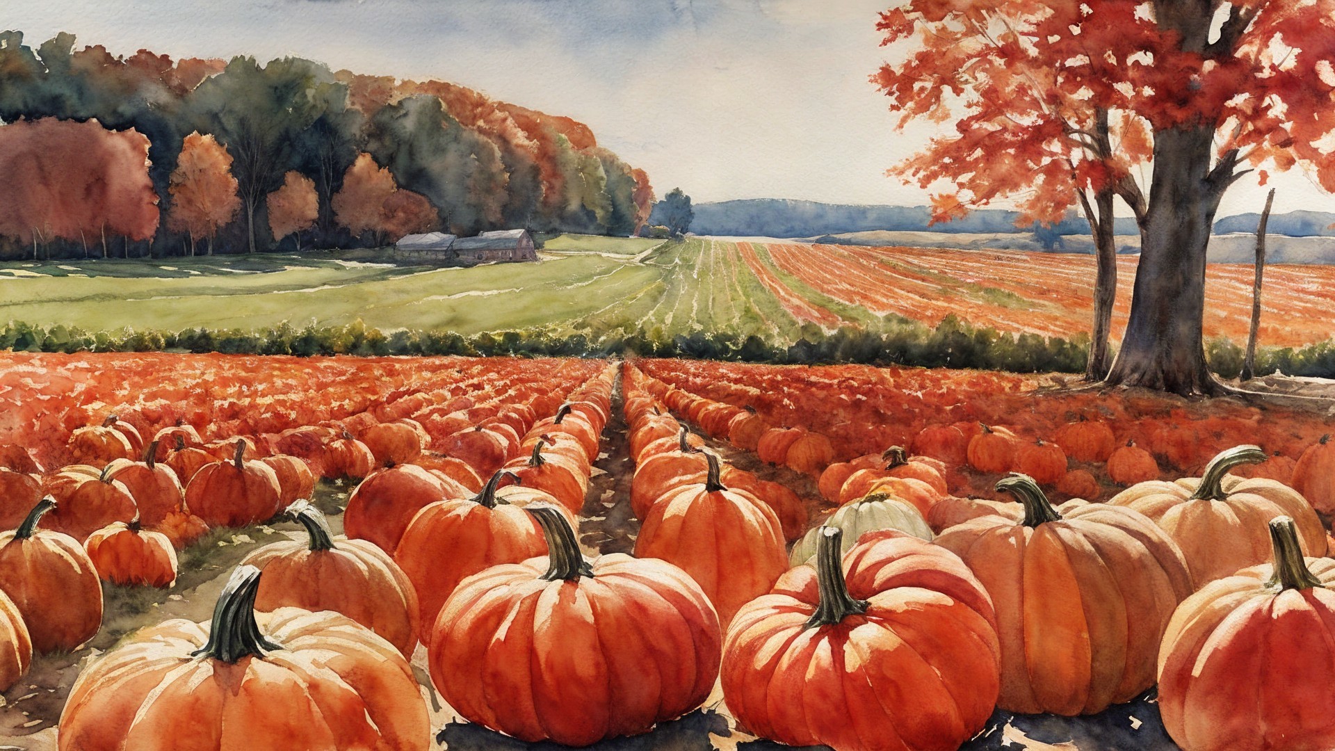 Autumn Landscape with Pumpkin Patch and Barn