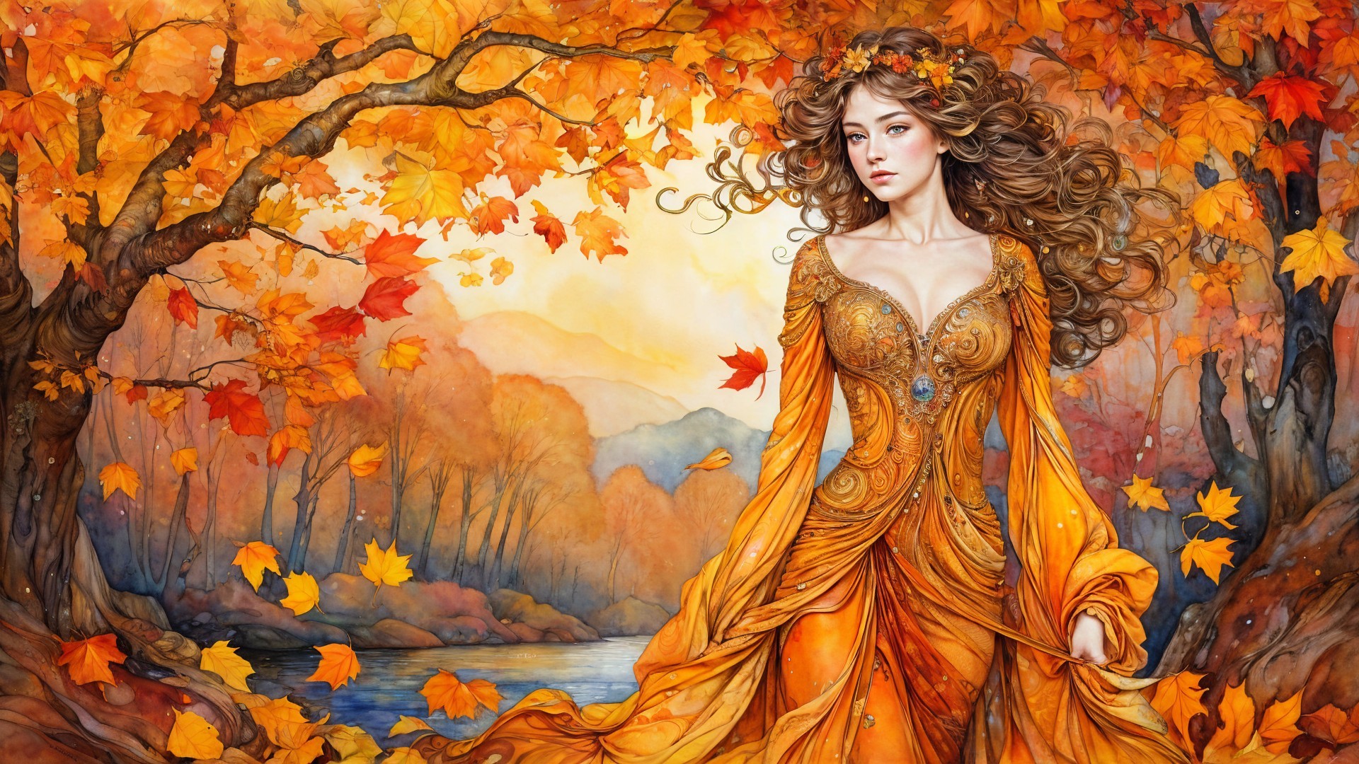 Detailed Painting of Woman in Orange Gown and Autumn Foliage