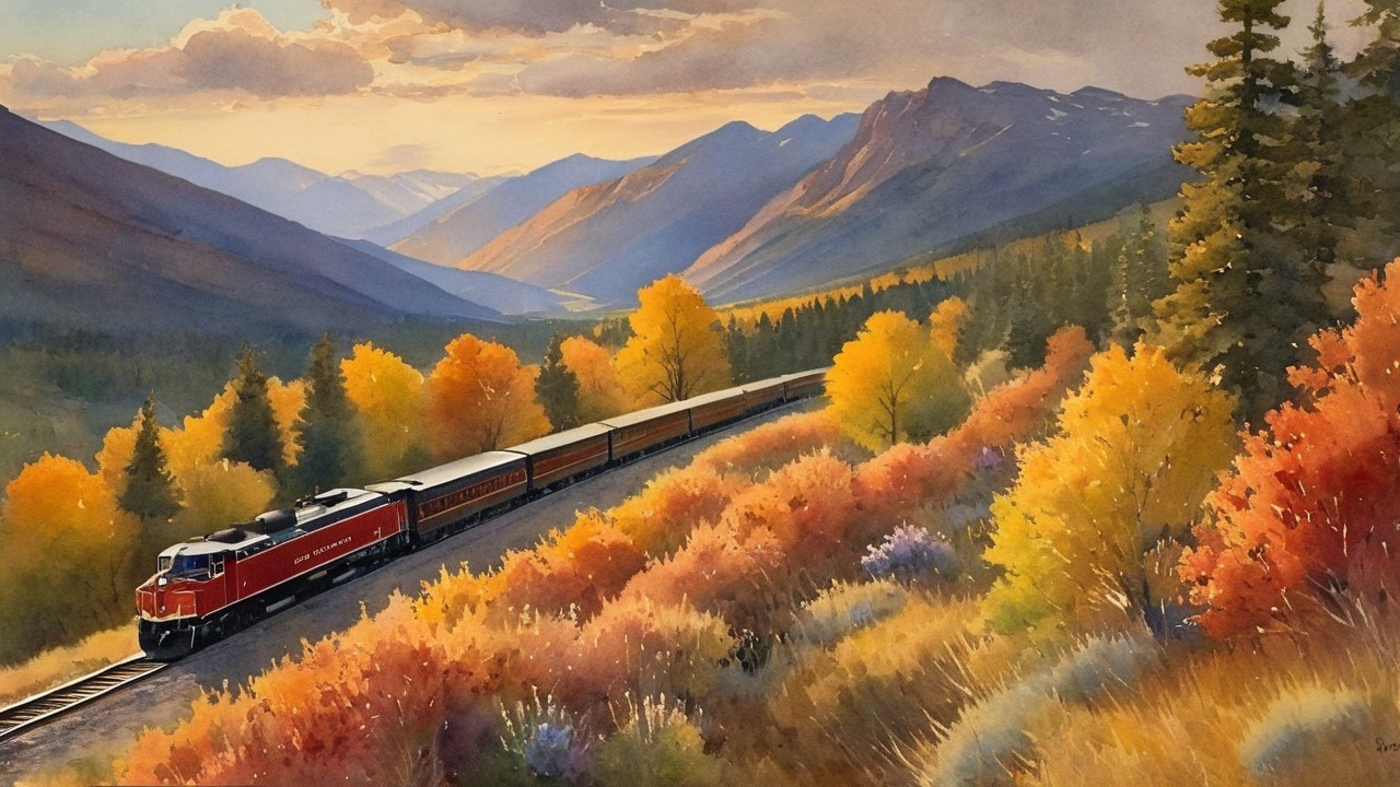 Red Train in Vibrant Autumn Valley Landscape