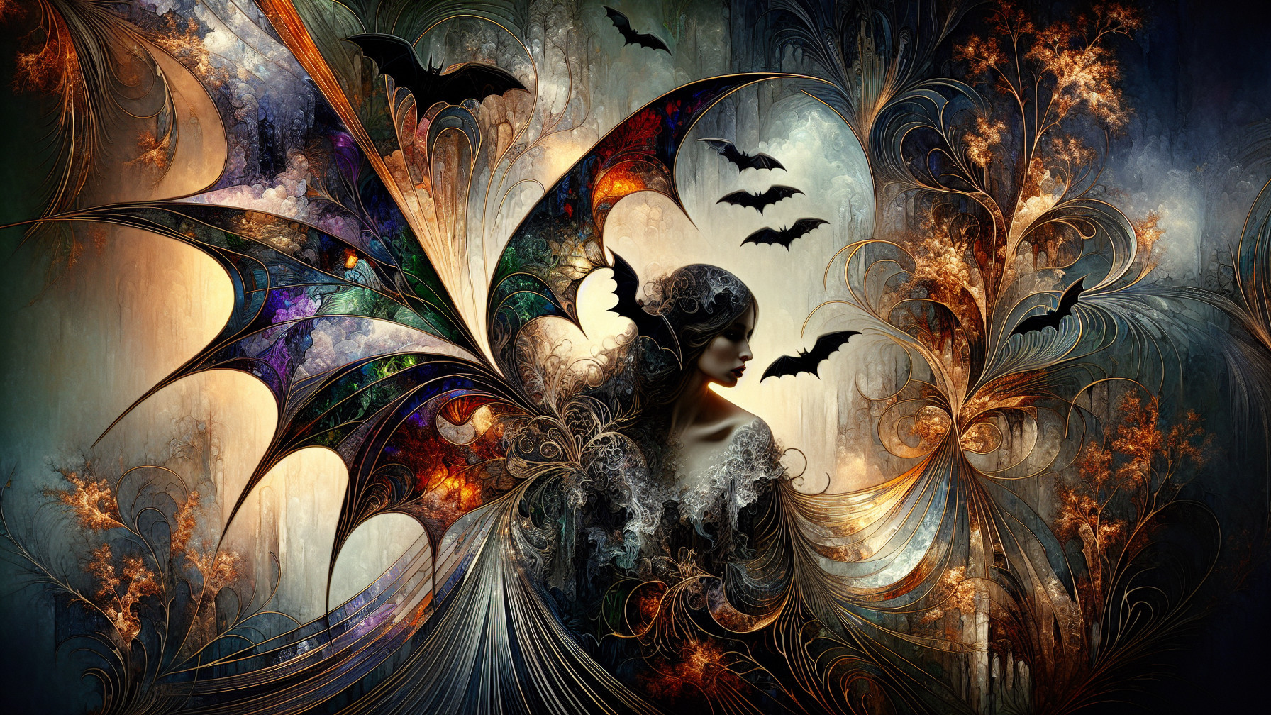 Mystical figure with stained glass wings in vibrant colors