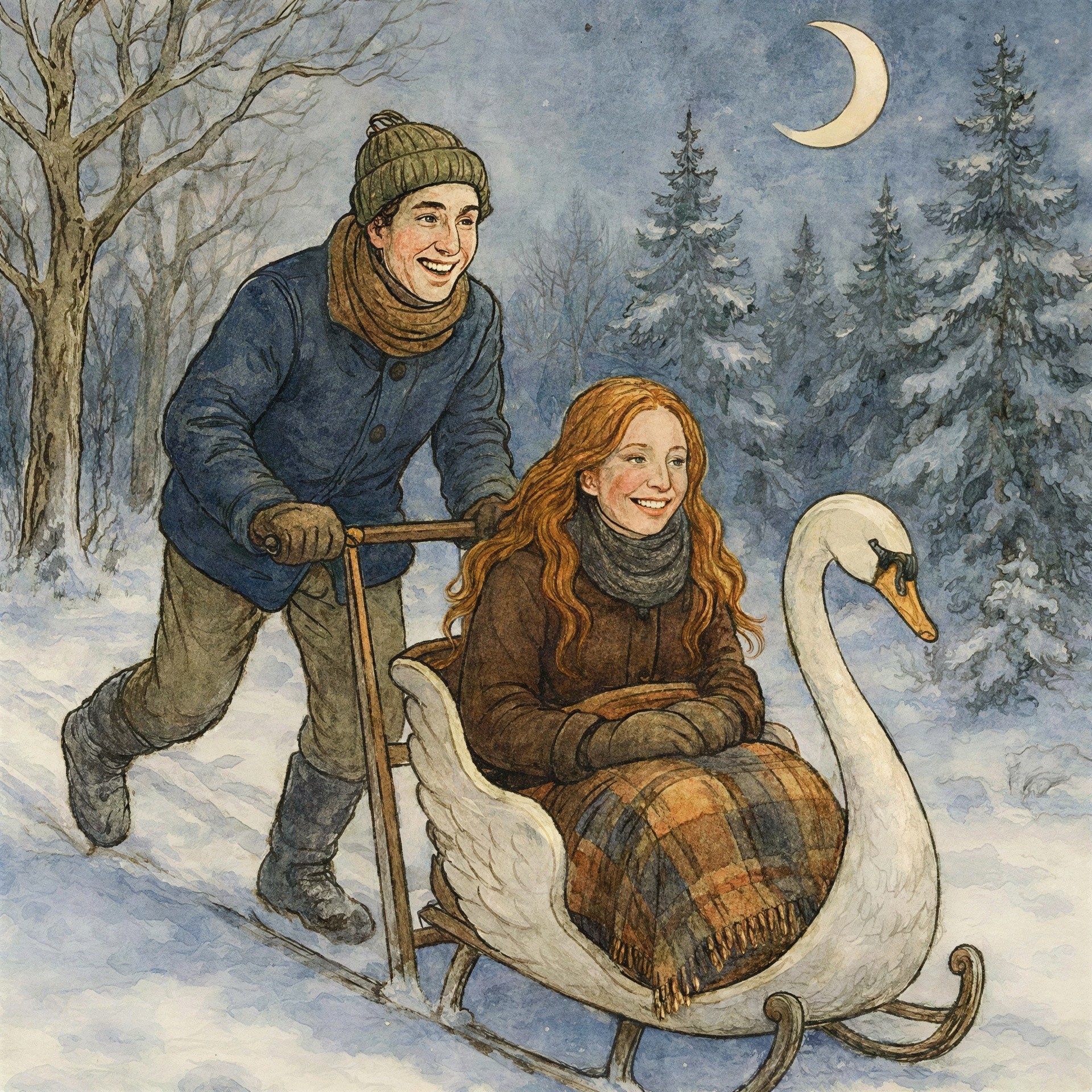 Watercolor Illustration of Young Couple with Swan Sleigh