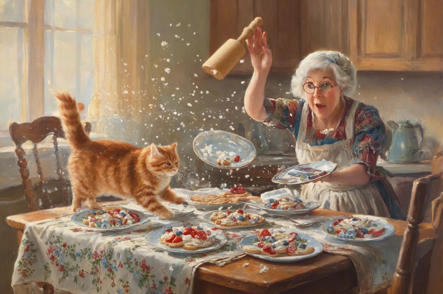 Elderly Woman Prepares Desserts in Sunlit Kitchen