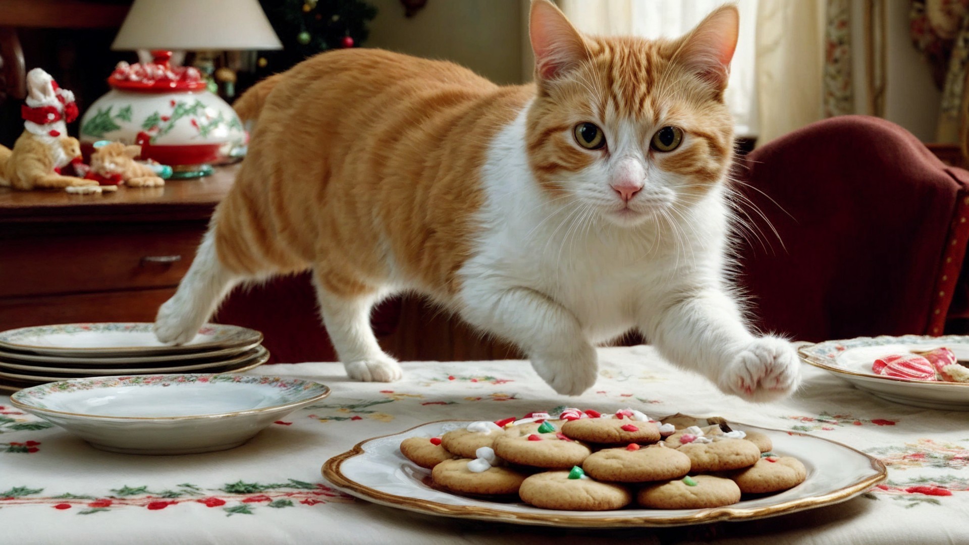 Playful Orange Tabby Cat Leaping Towards Festive Cookies