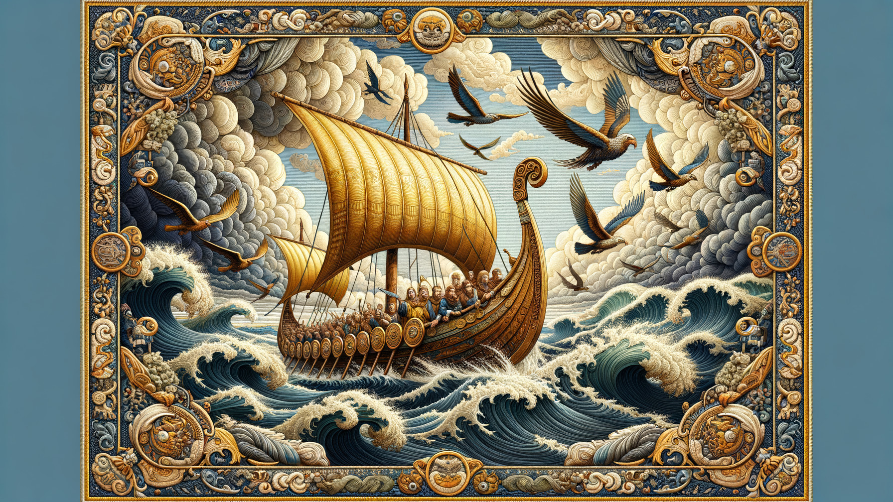 Viking Ship with Golden Sails in Dramatic Seascape
