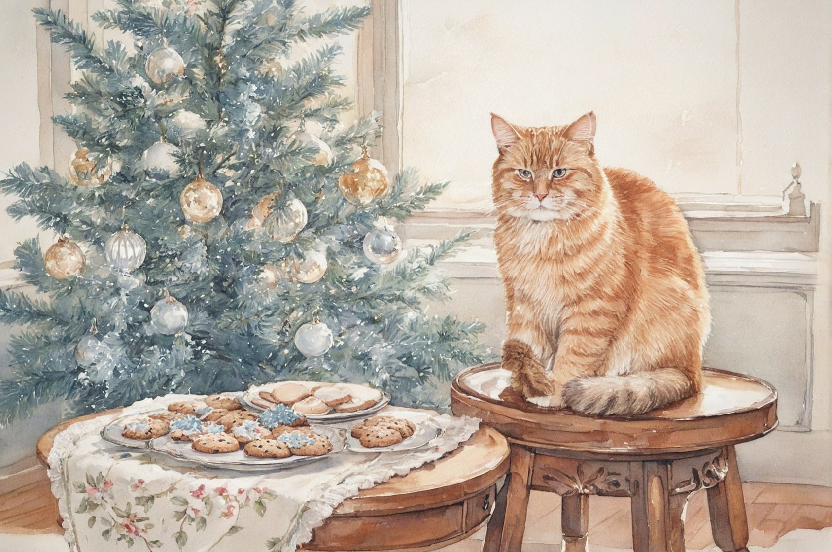 Cozy Room with Cat, Christmas Tree, and Cookies