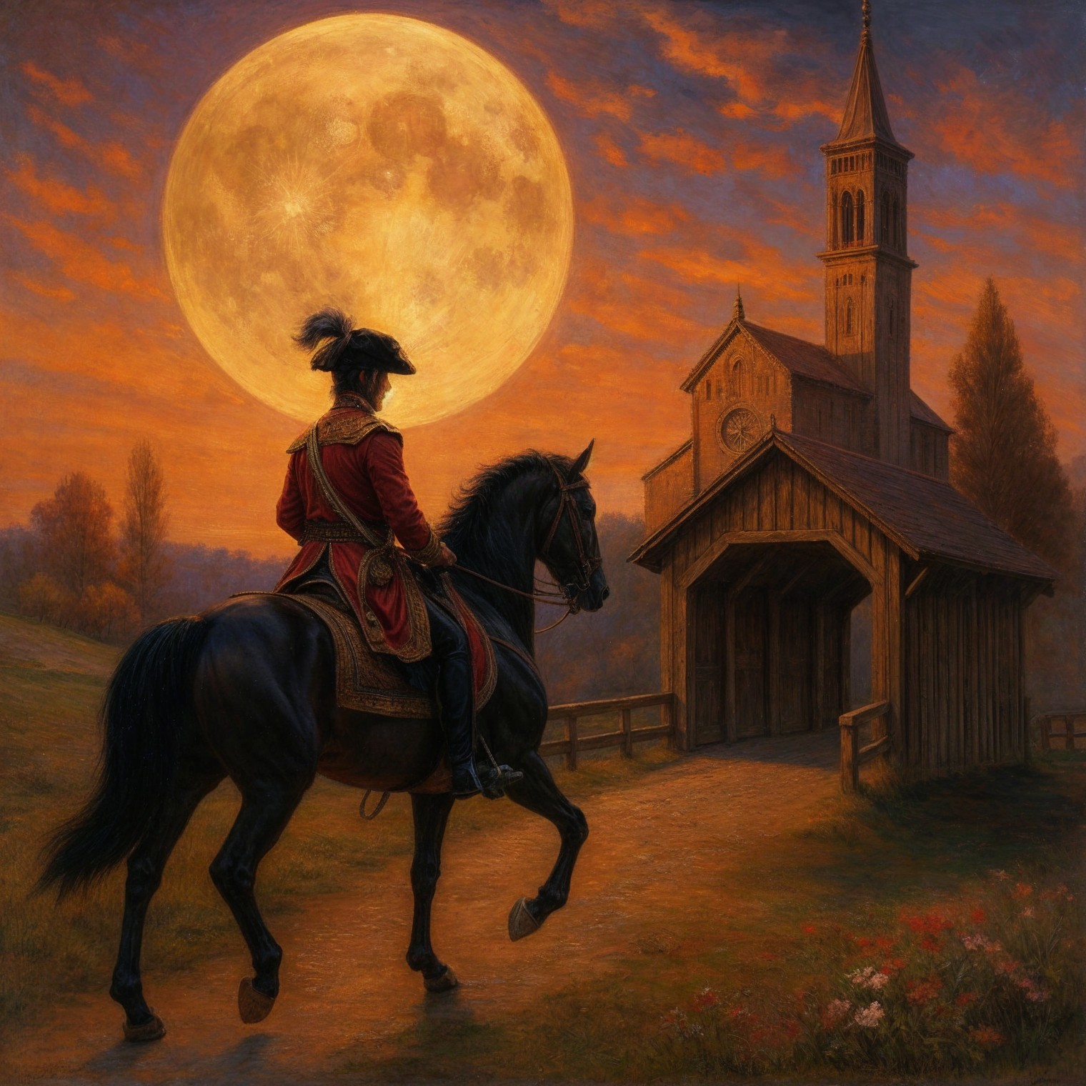 Lone Rider on Black Horse Under Full Moonlight