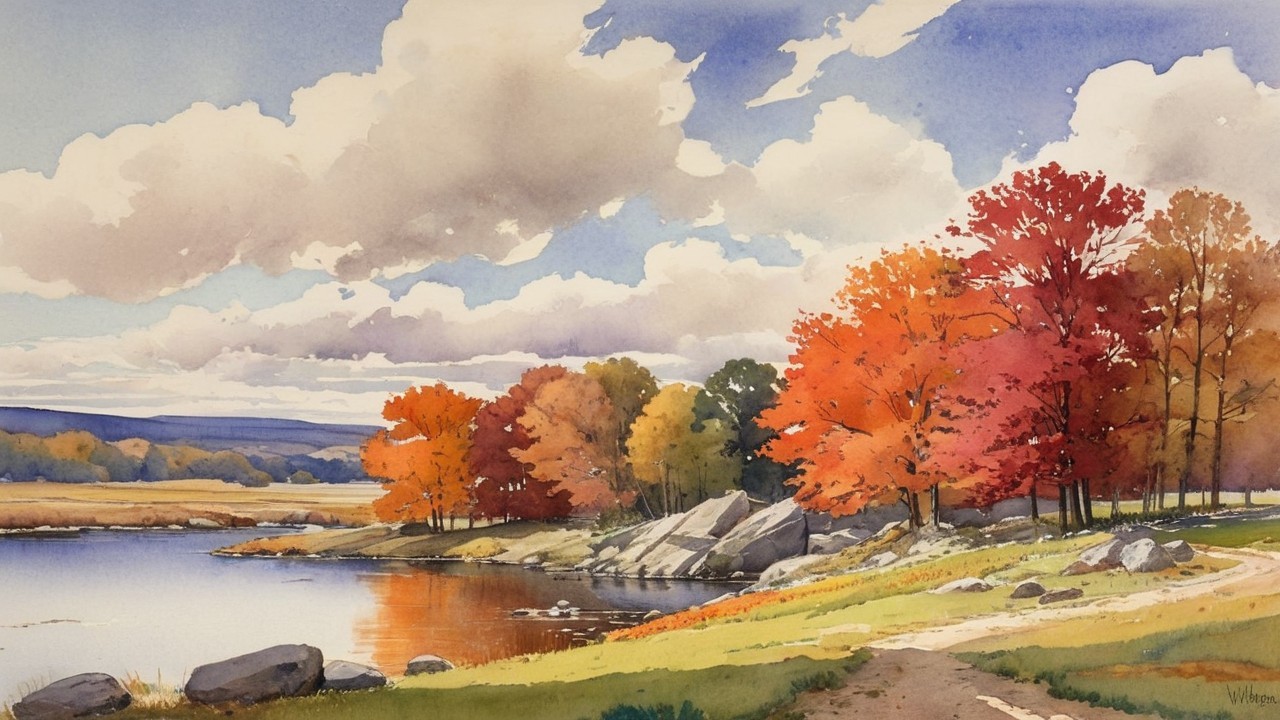 Tranquil Lake Surrounded by Vibrant Autumn Foliage