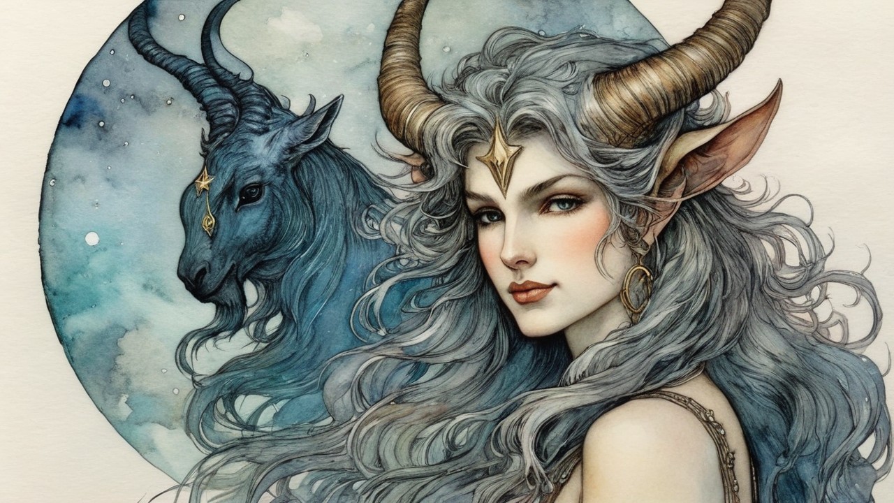 Mystical Woman with Silver Hair and Blue Goat