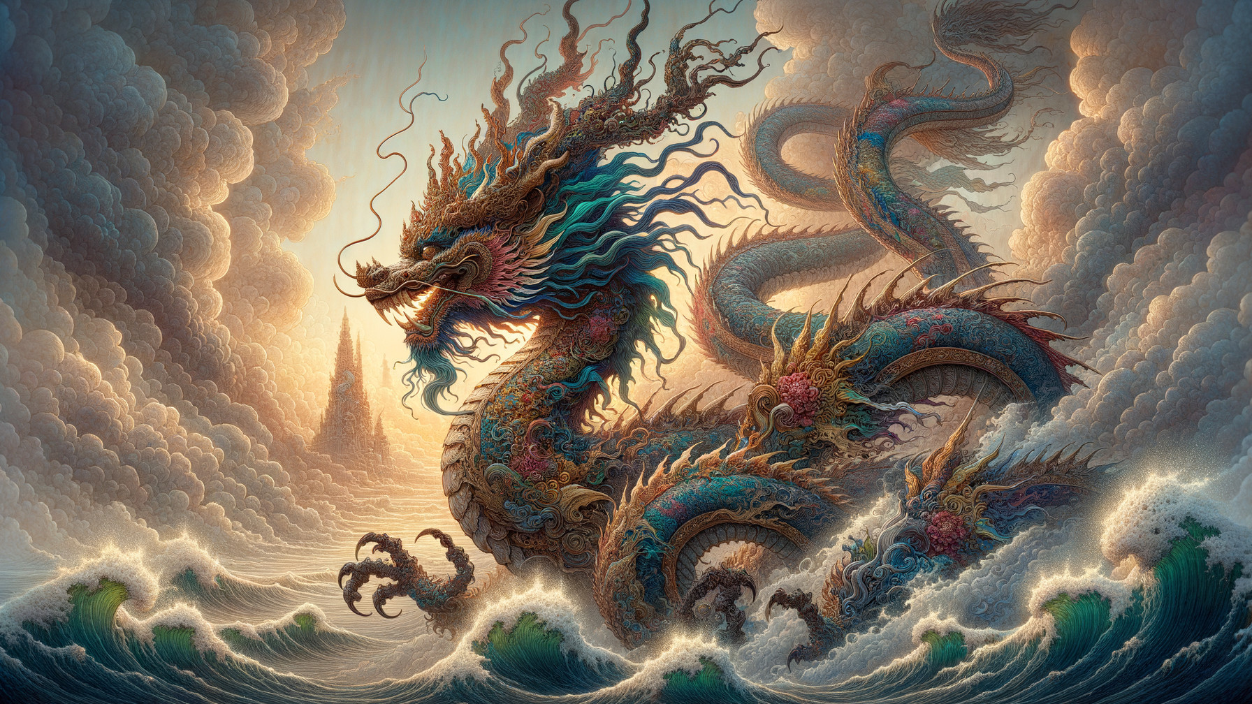 Majestic dragon emerging from turbulent ocean waves