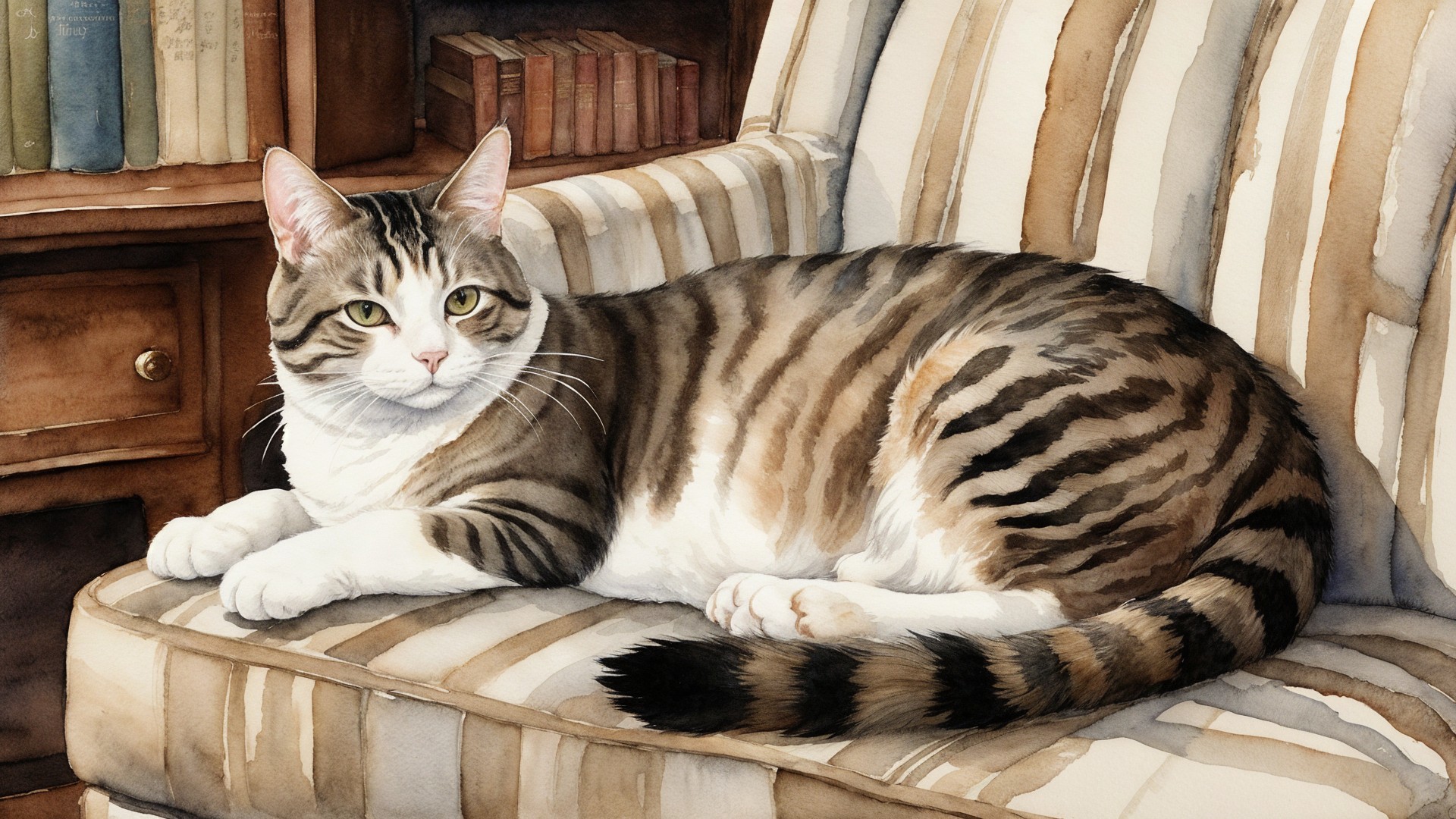 Watercolor Painting of a Tabby Cat on a Chair