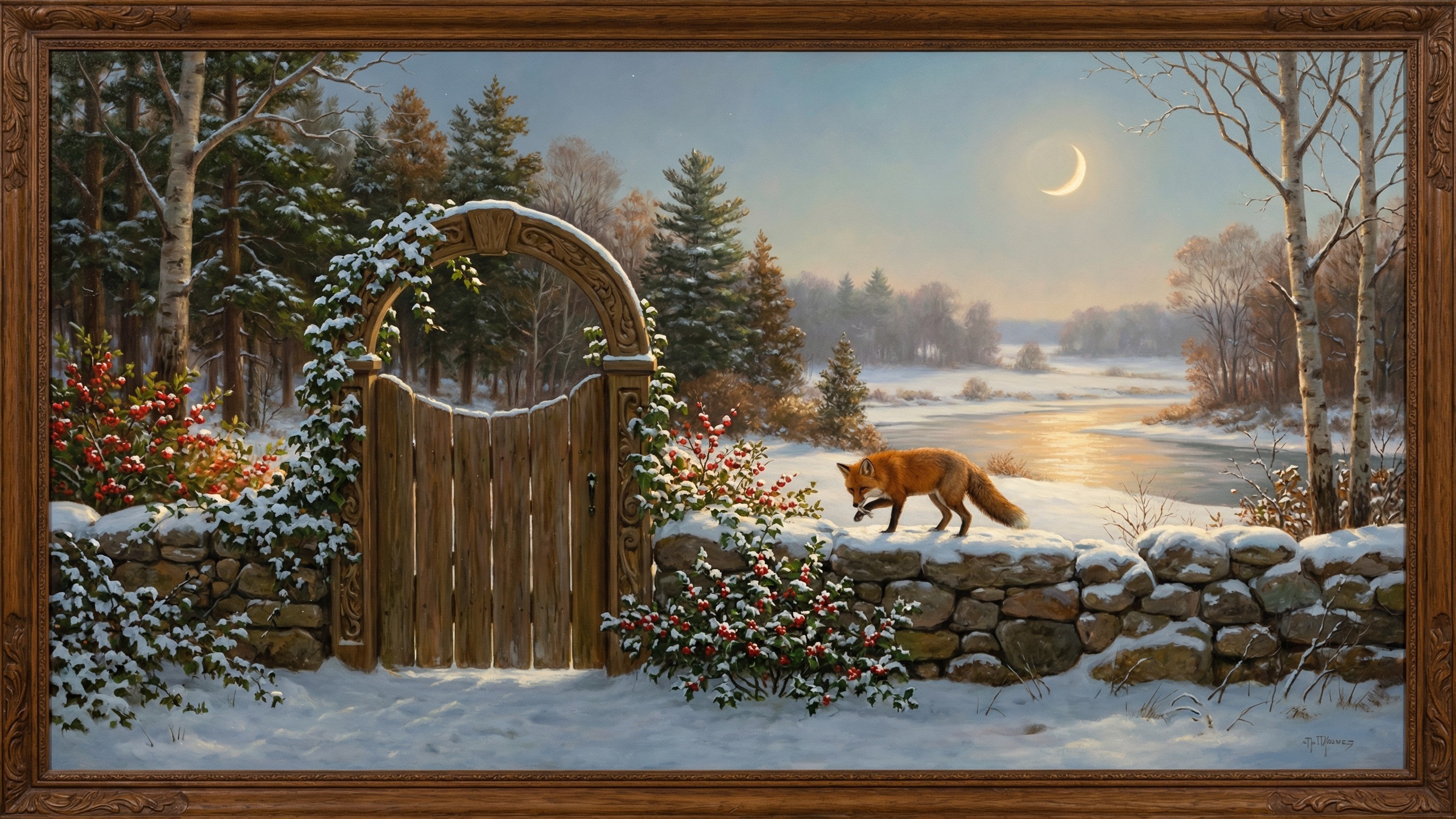 Hyperrealistic Winter Landscape with Fox and Moon