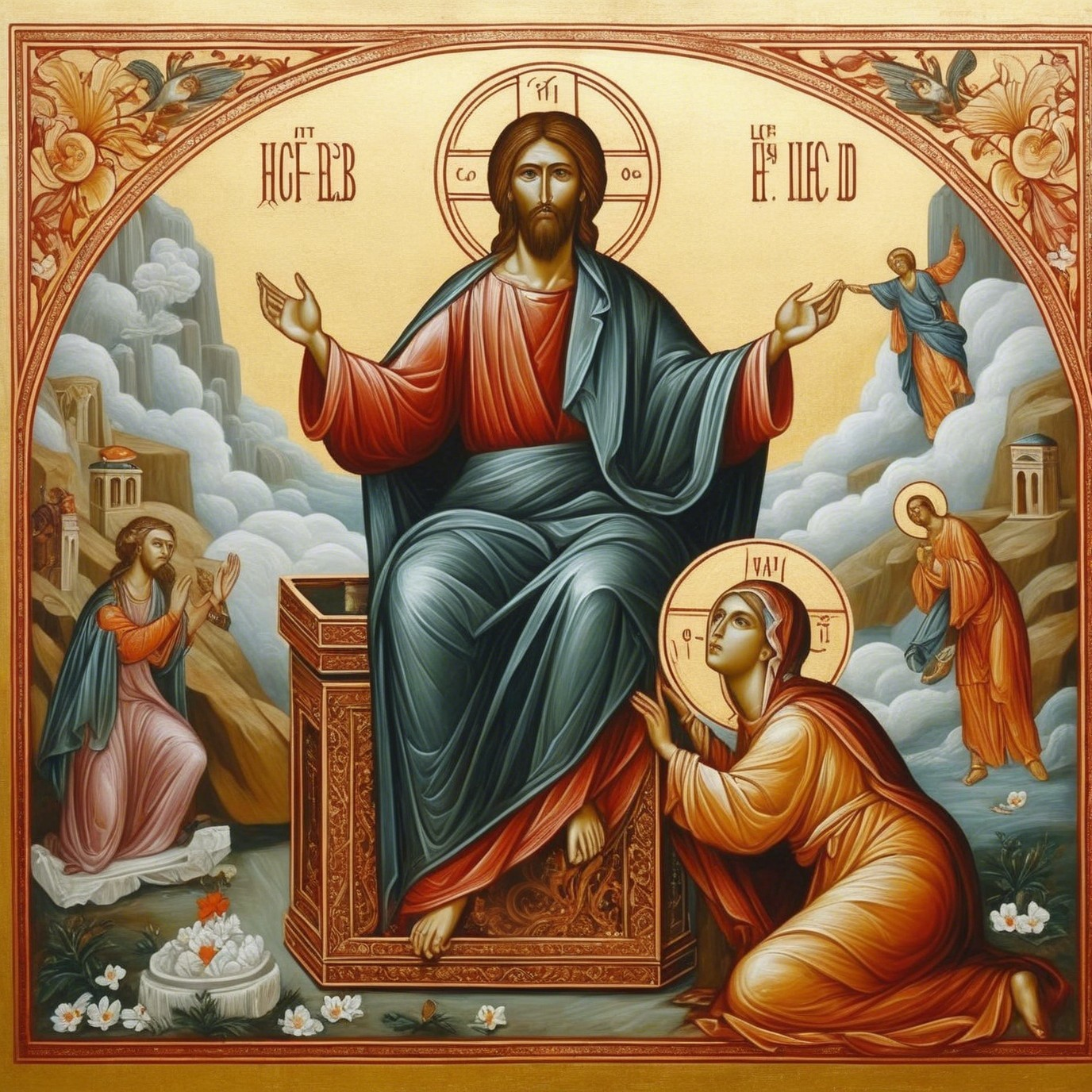 Religious Icon of Christ on Throne with Figures