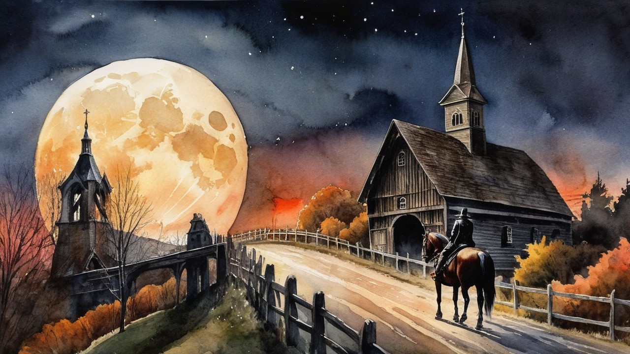Serene Countryside Scene with Moonlit Path and Rider