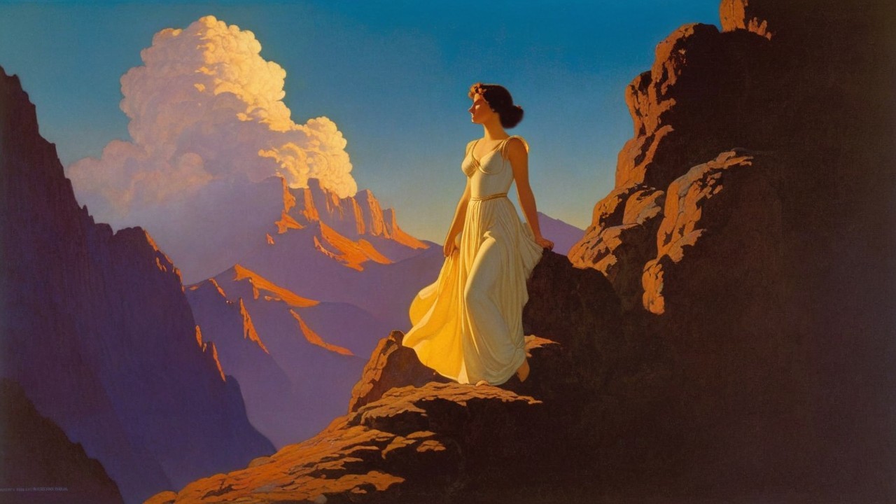 Serene Woman in White Gown Overlooking Mountain Landscape