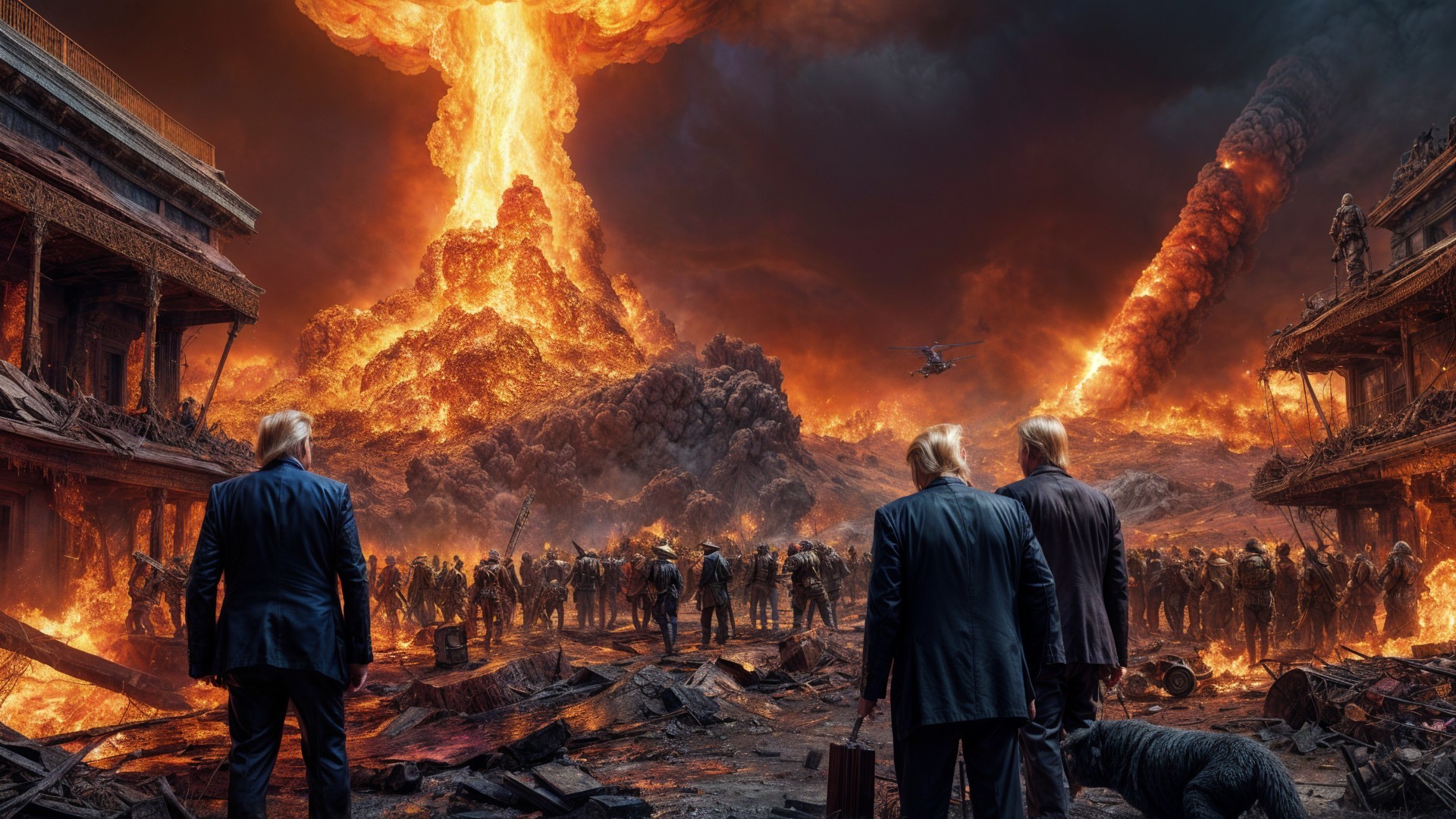 Dramatic Scene of Erupting Volcano and Chaos