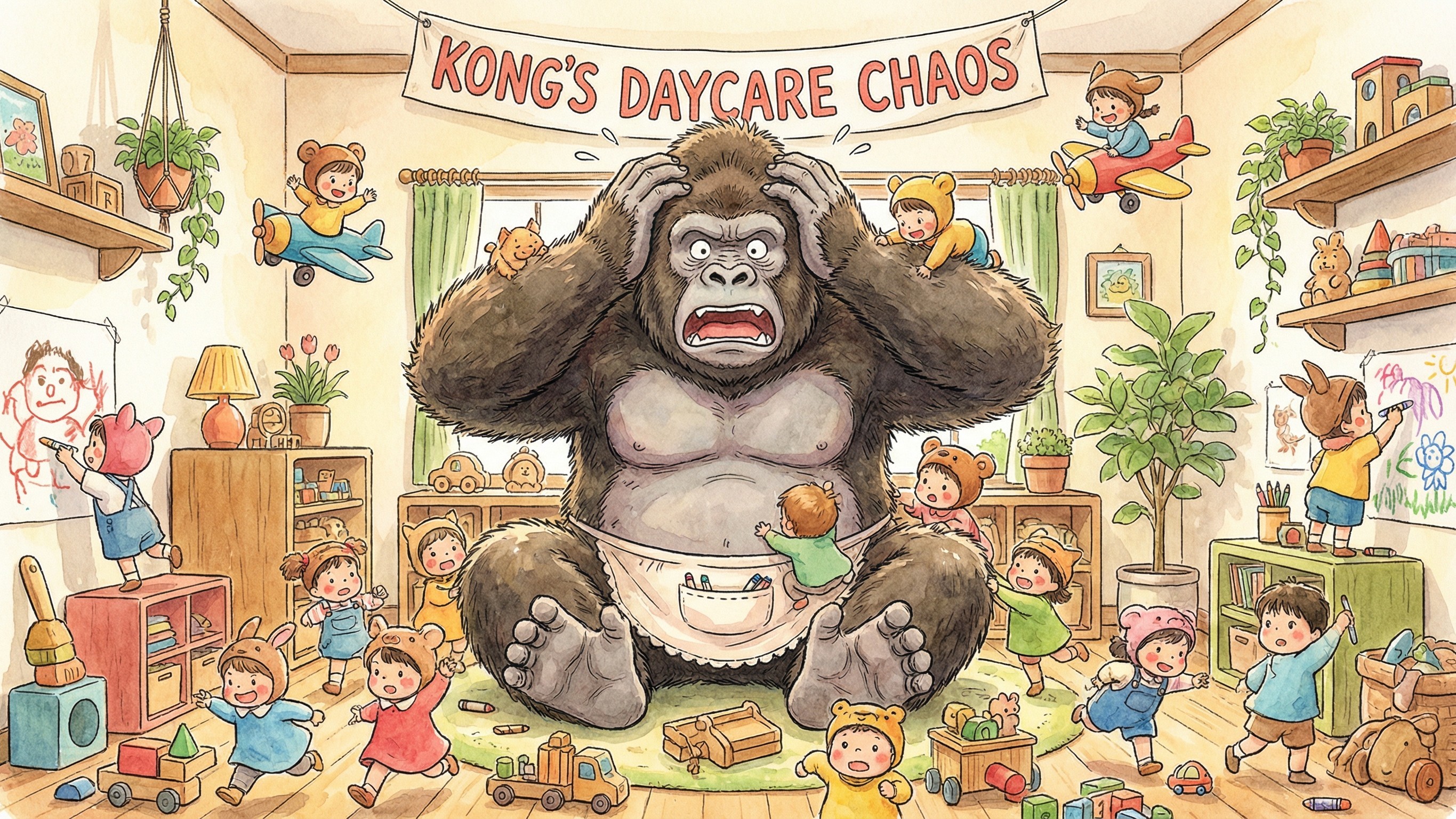 Cartoon of a distressed gorilla in a daycare setting