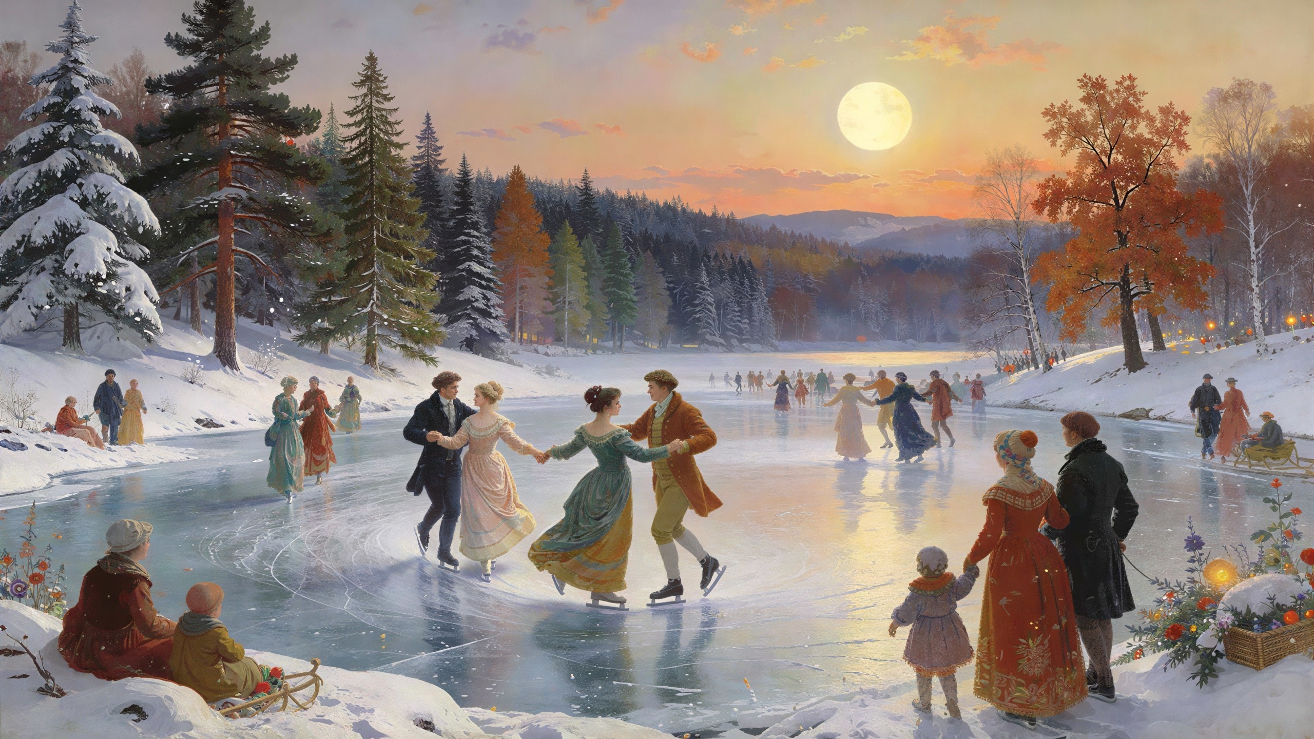 Winter Landscape with Moonlit Ice Skating Scene