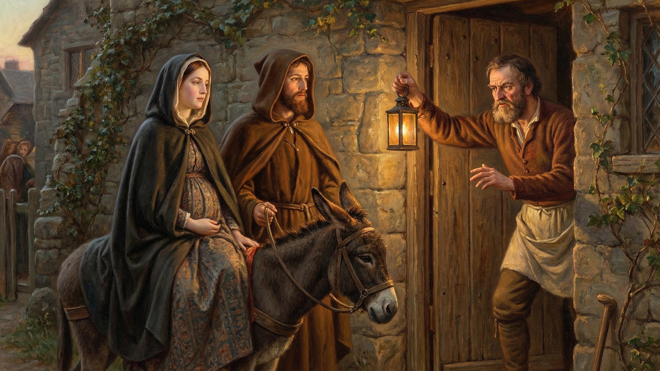 Realistic Oil Painting of Joseph and Mary at an Inn
