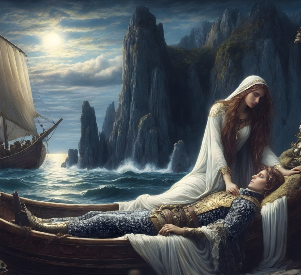 Serene Twilight Scene with Woman and Knight in Boat