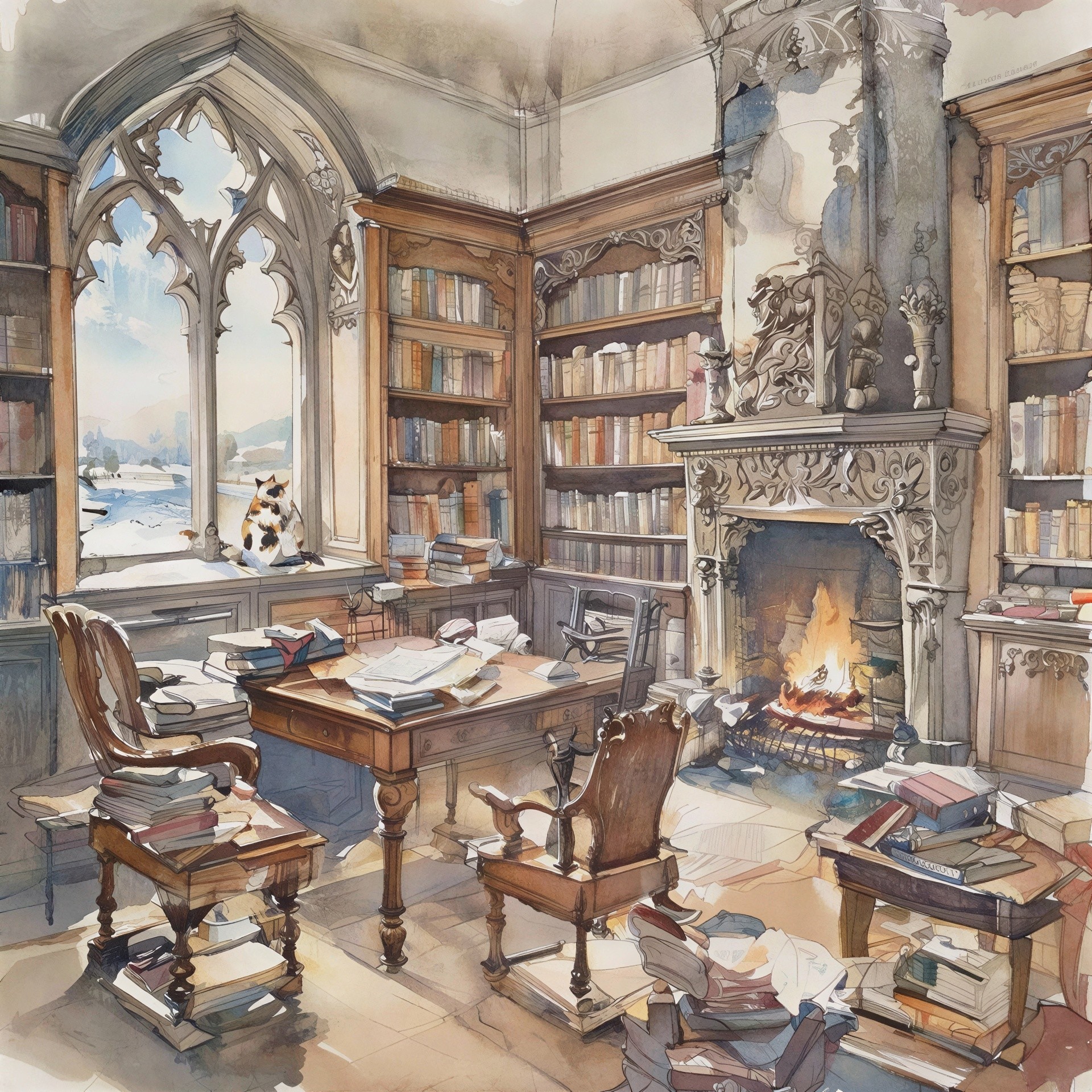 Gothic Library Watercolor with Snowy Landscape View