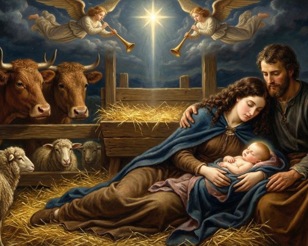 Detailed Oil Painting of the Nativity Scene