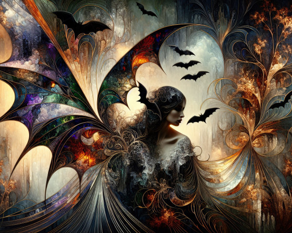Mystical figure with stained glass wings in vibrant colors