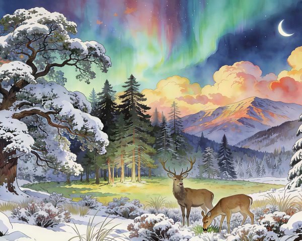 Whimsical Winter Wonderland with Deer and Northern Lights