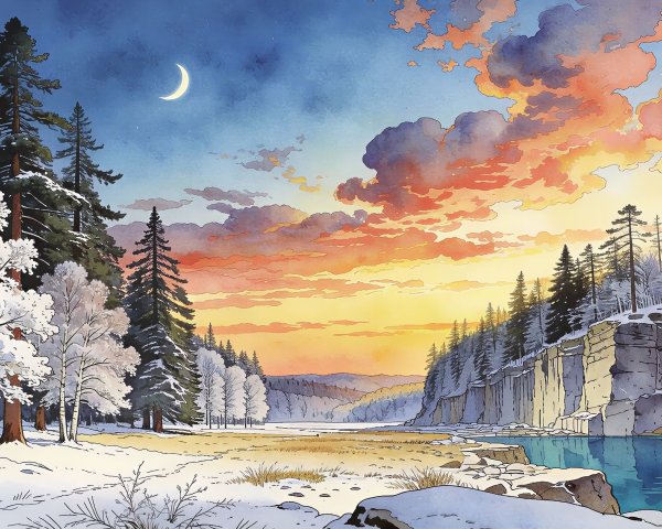 Winter Landscape Watercolor with Crescent Moon and Trees