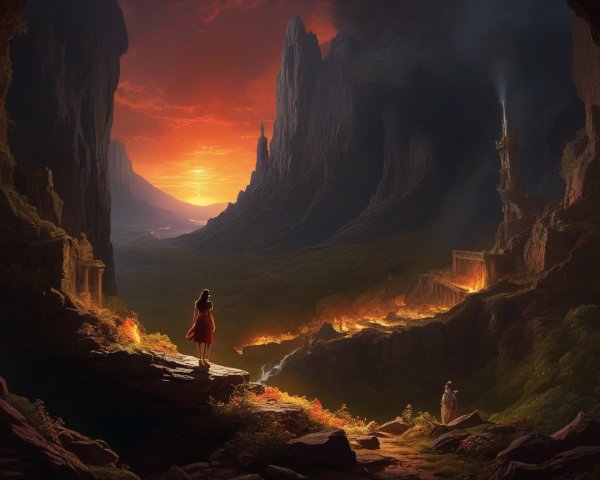Dusk Landscape with Mountains and Ancient Ruins
