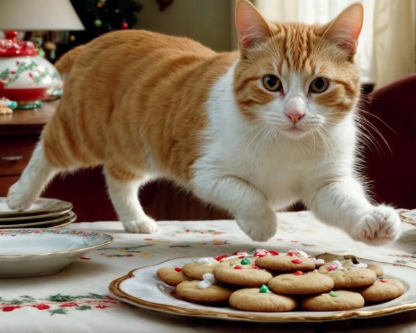 Playful Orange Tabby Cat Leaping Towards Festive Cookies