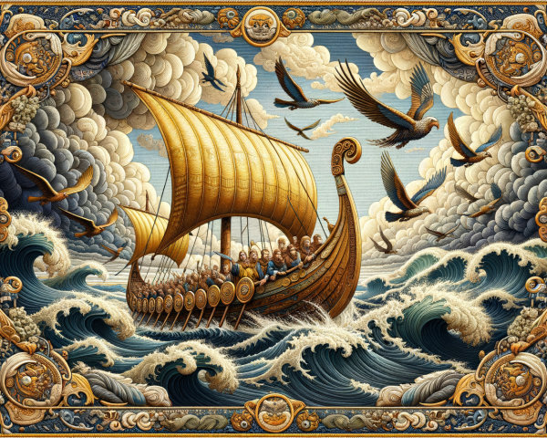 Viking Ship with Golden Sails in Dramatic Seascape