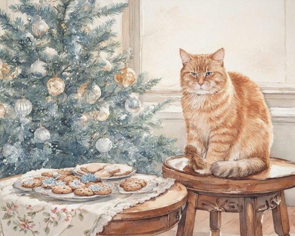 Cozy Room with Cat, Christmas Tree, and Cookies