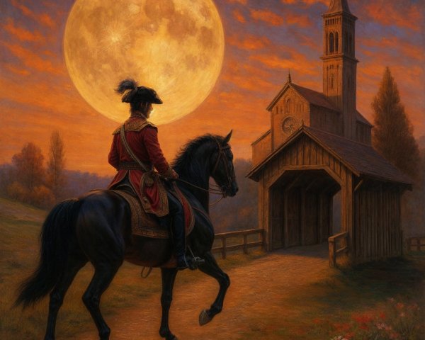 Lone Rider on Black Horse Under Full Moonlight