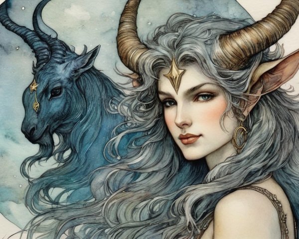 Mystical Woman with Silver Hair and Blue Goat