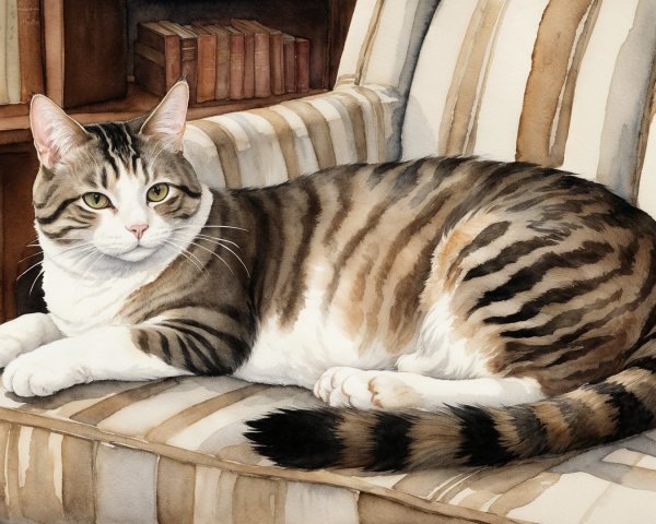 Watercolor Painting of a Tabby Cat on a Chair