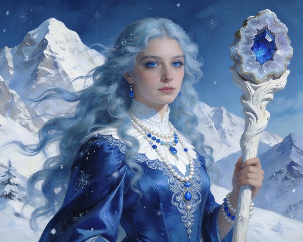 Detailed Winter Painting of Woman in Indigo Dress