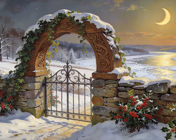 Winter Landscape with Stone Wall and Wooden Archway