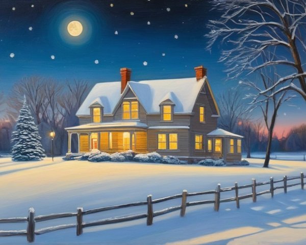 Two-Story House in Serene Winter Landscape at Night